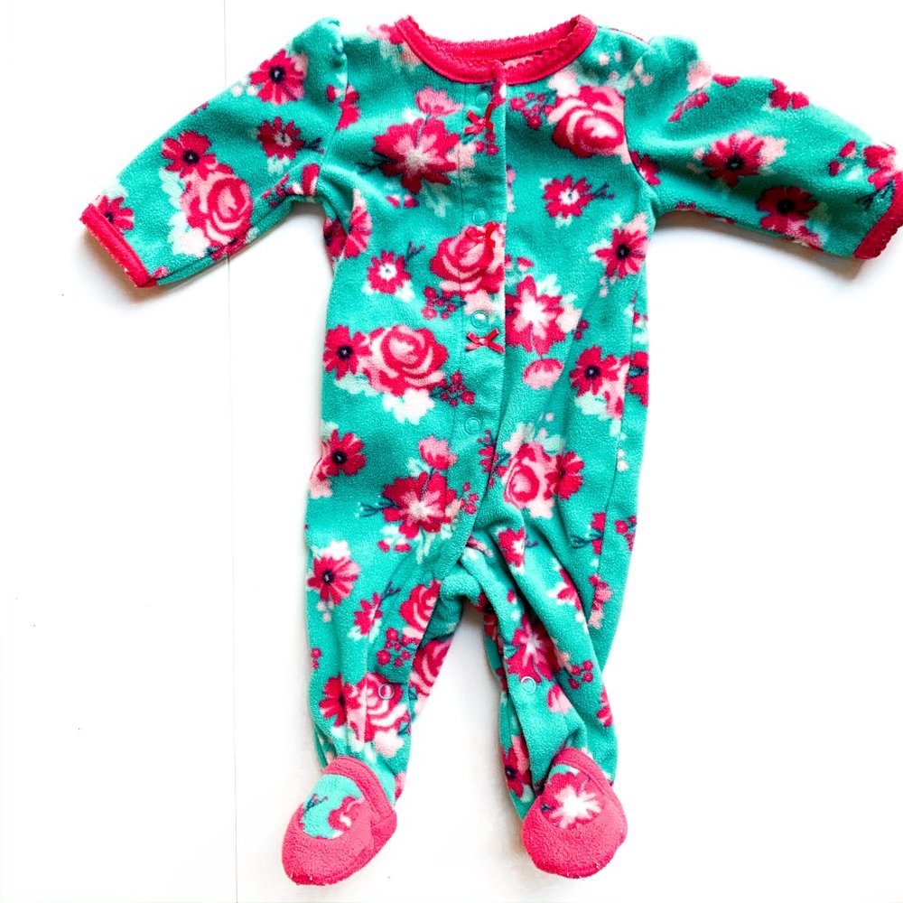 teal onesie w/footies + bright pink flowers